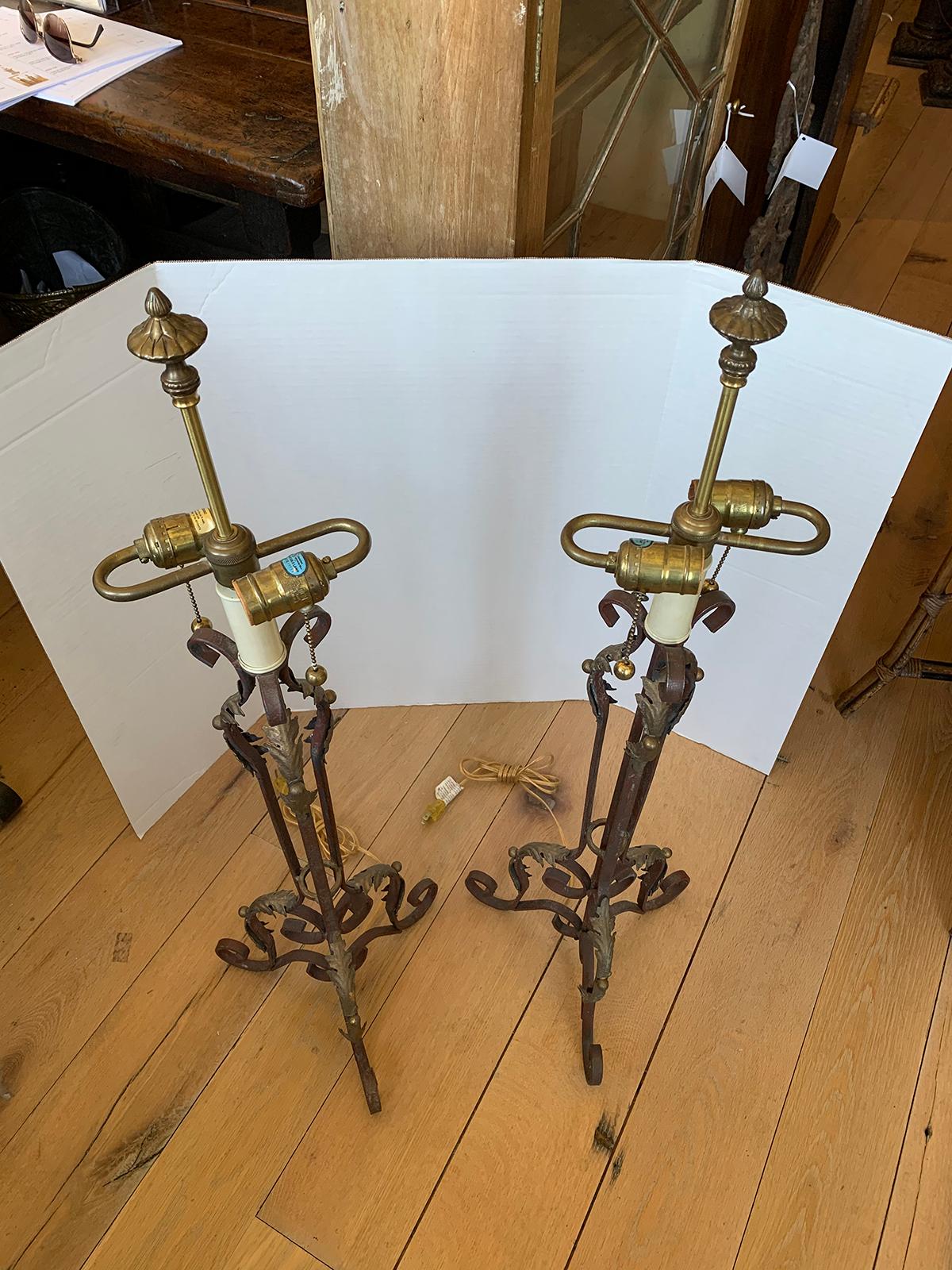 Pair of 19th-20th Century Iron Candlesticks with Gilt Details as Lamps For Sale 4