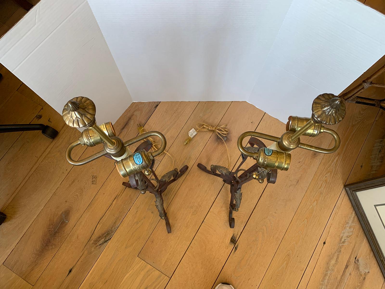 Pair of 19th-20th Century Iron Candlesticks with Gilt Details as Lamps For Sale 5