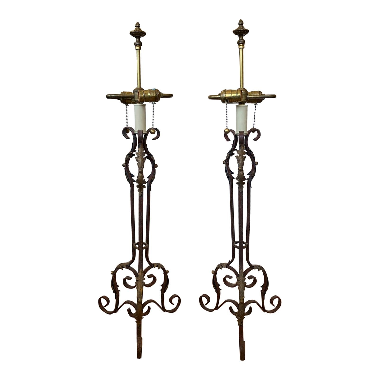 Pair of 19th-20th Century Iron Candlesticks with Gilt Details as Lamps For Sale