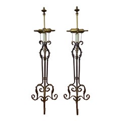 Pair of 19th-20th Century Iron Candlesticks with Gilt Details as Lamps