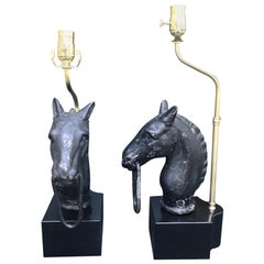 Pair of 19th-20th Century Iron Hitching Post Horse Finials as Lamps