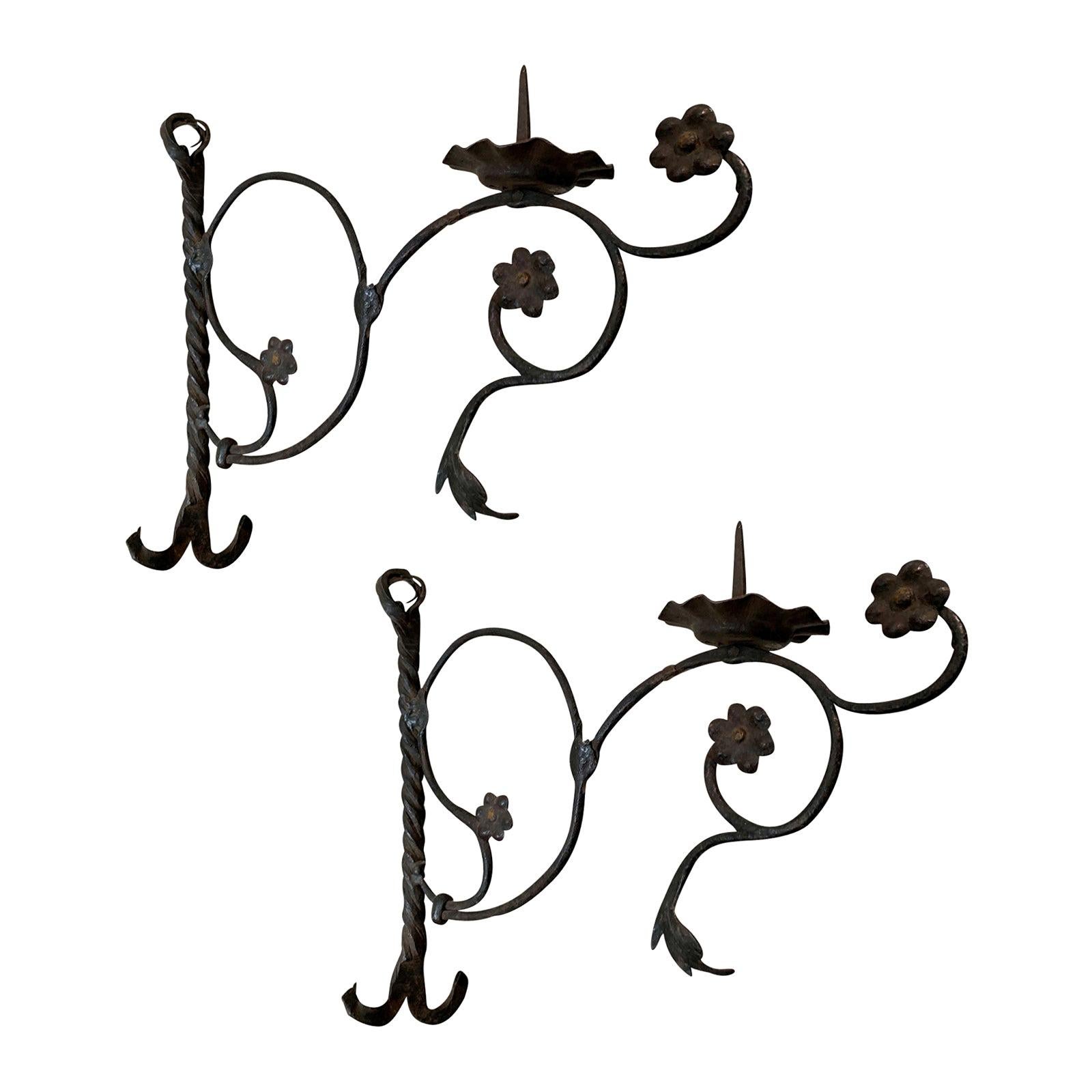 Pair of 19th-20th Century Iron One-Arm Flower Sconces