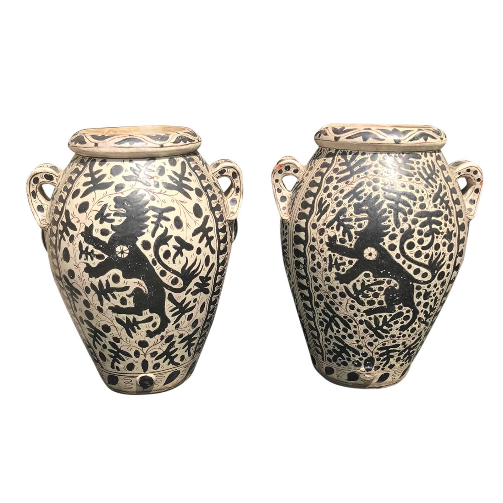 Pair of 19th-20th Century Italian 'Florentine' Tin Glazed Earthenware Jars