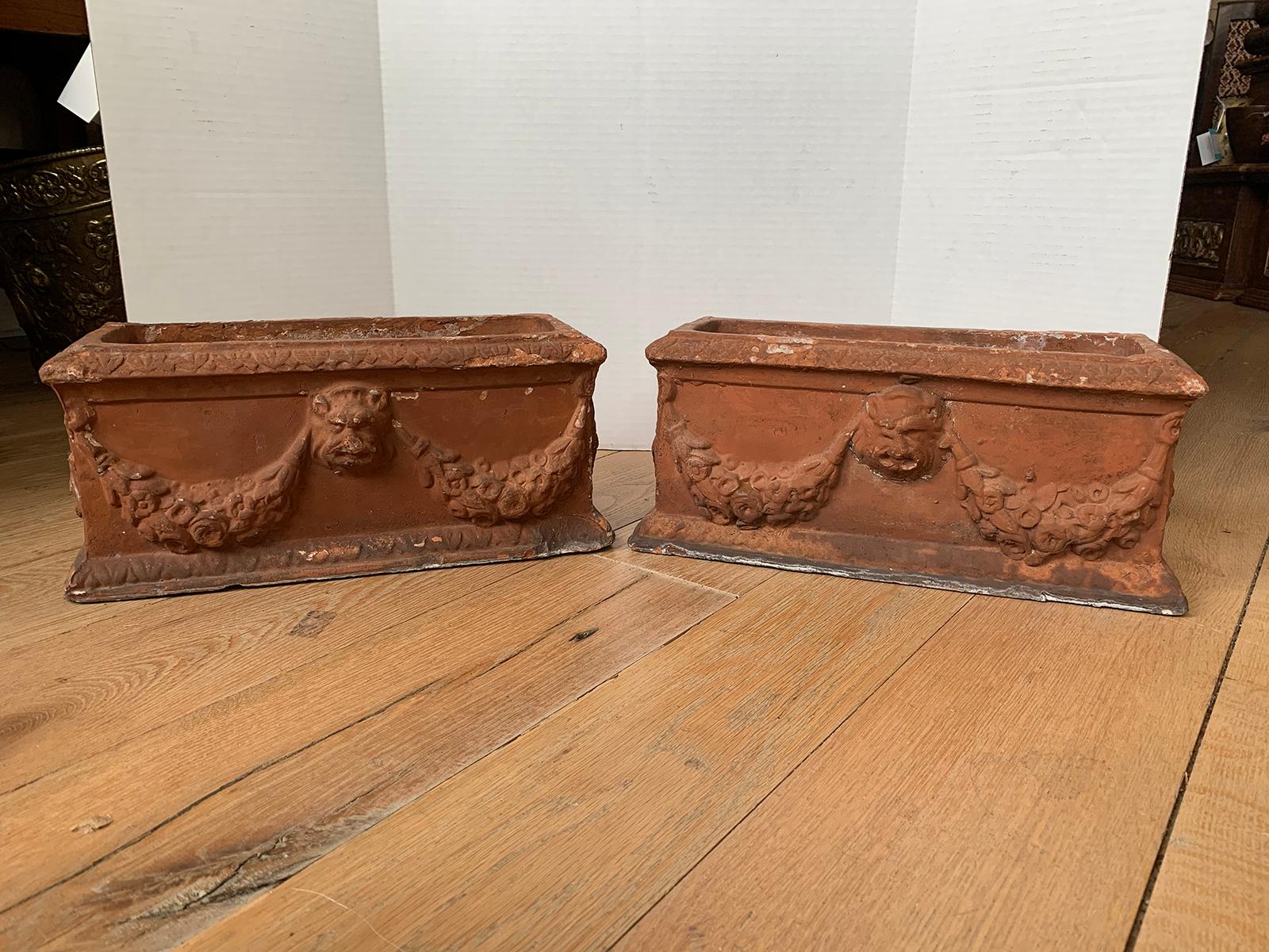 Pair of 19th-20th Century Italian Possibly Impruneta Handmade Terracotta Rectangular Box Planters with Lion Heads and Garland
