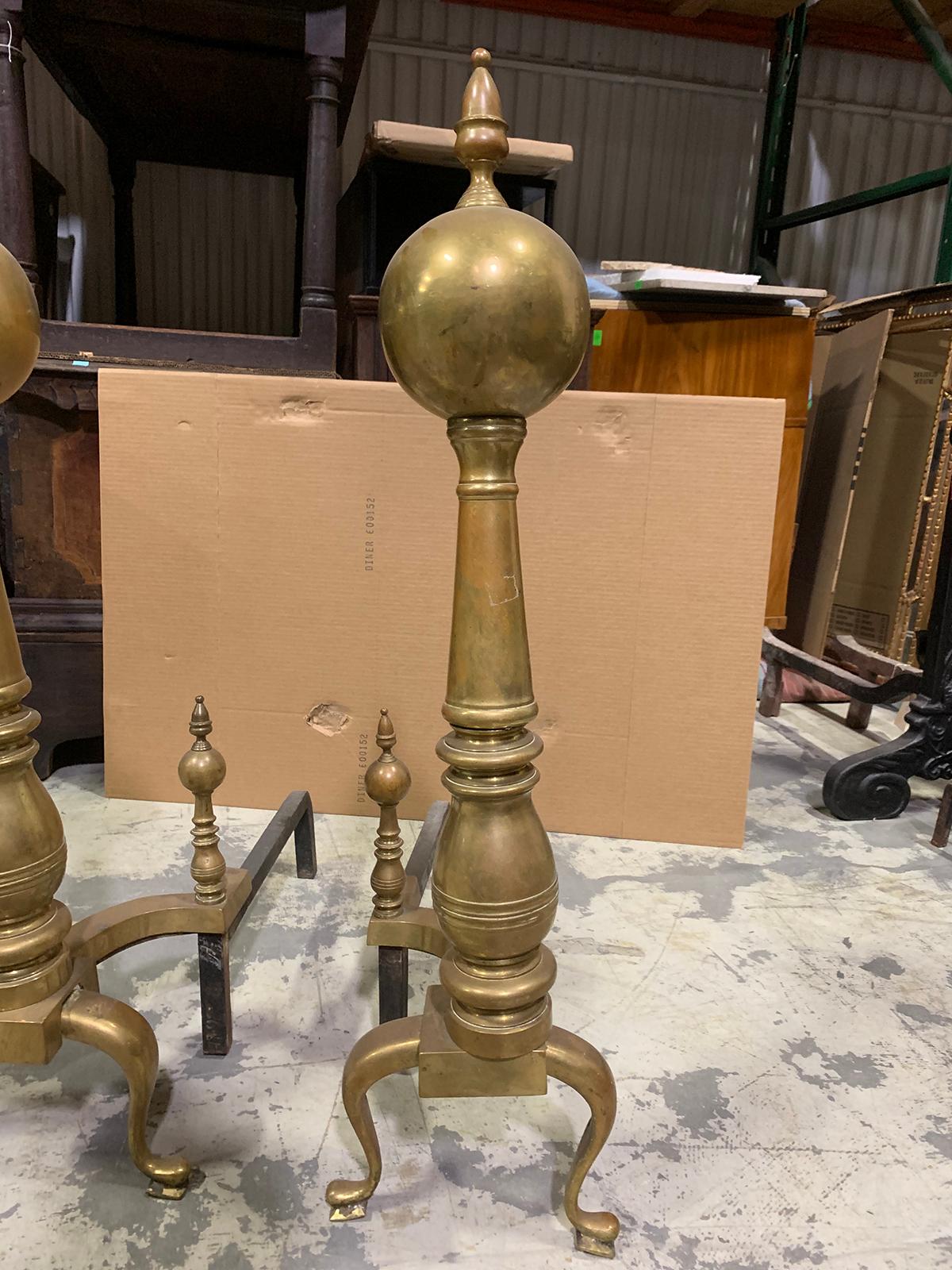 Pair of 19th-20th Century Large Scale American Brass Andirons with Ball Finials For Sale 7