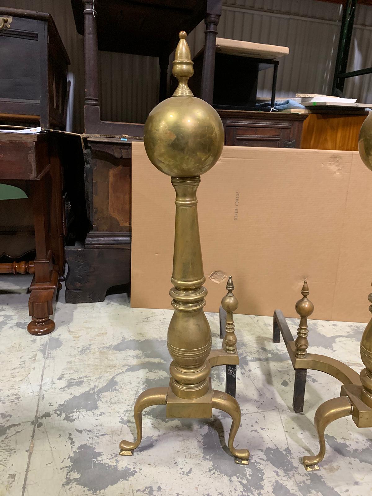 Pair of 19th-20th Century Large Scale American Brass Andirons with Ball Finials For Sale 8