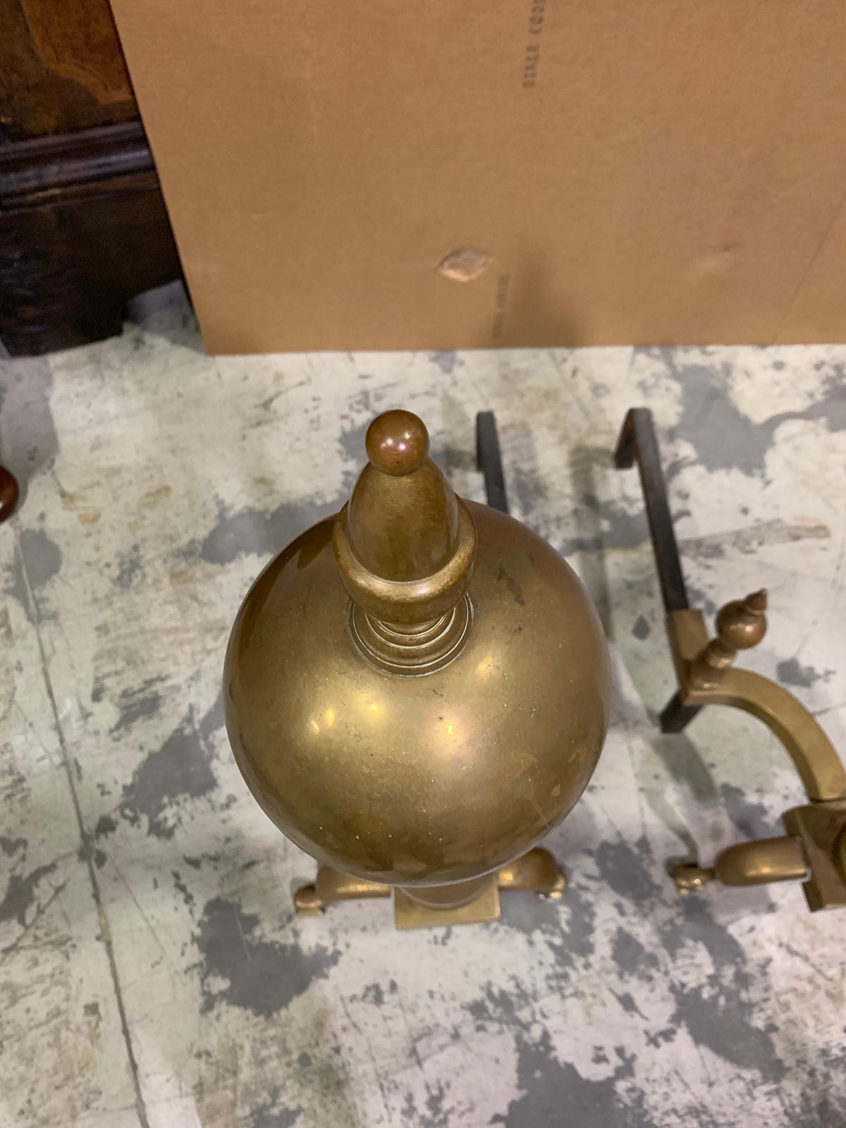 Pair of 19th-20th Century Large Scale American Brass Andirons with Ball Finials For Sale 9