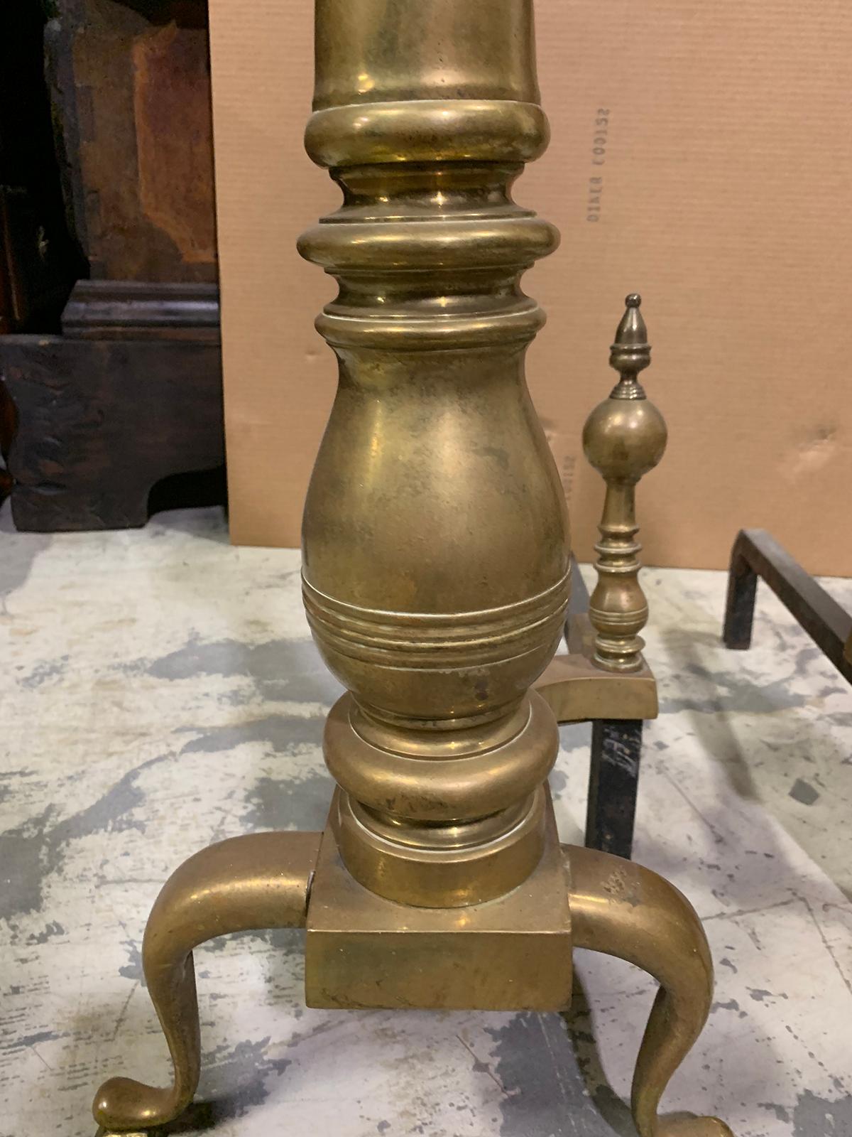 Pair of 19th-20th Century Large Scale American Brass Andirons with Ball Finials For Sale 13