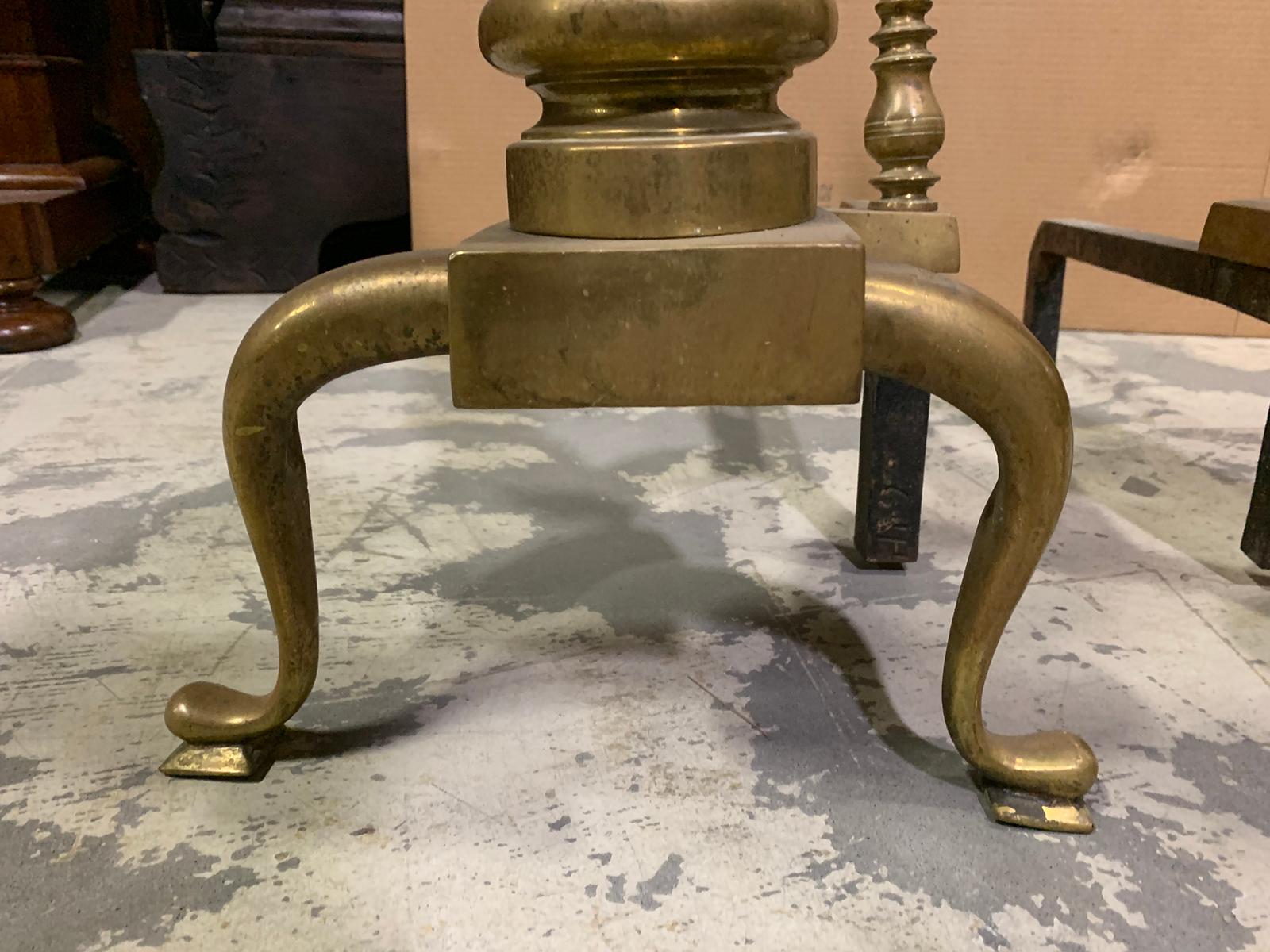 Pair of 19th-20th Century Large Scale American Brass Andirons with Ball Finials For Sale 14