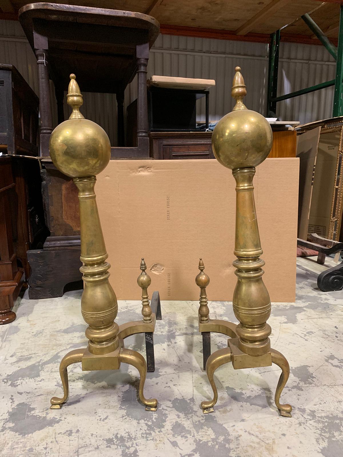 Pair of 19th-20th Century Large Scale American Brass Andirons with Ball Finials For Sale 16