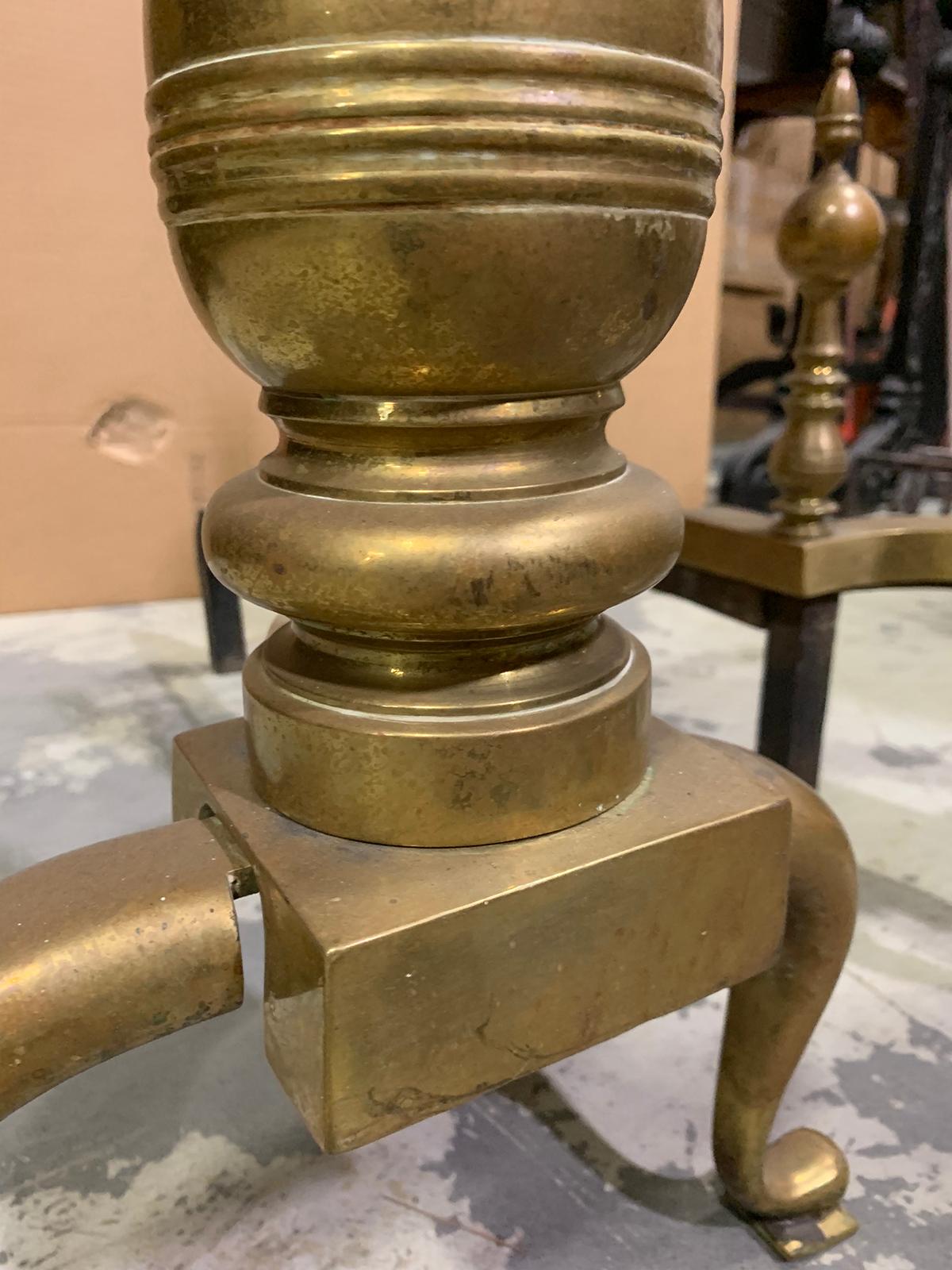Pair of 19th-20th century large scale American brass andirons with ball finials.