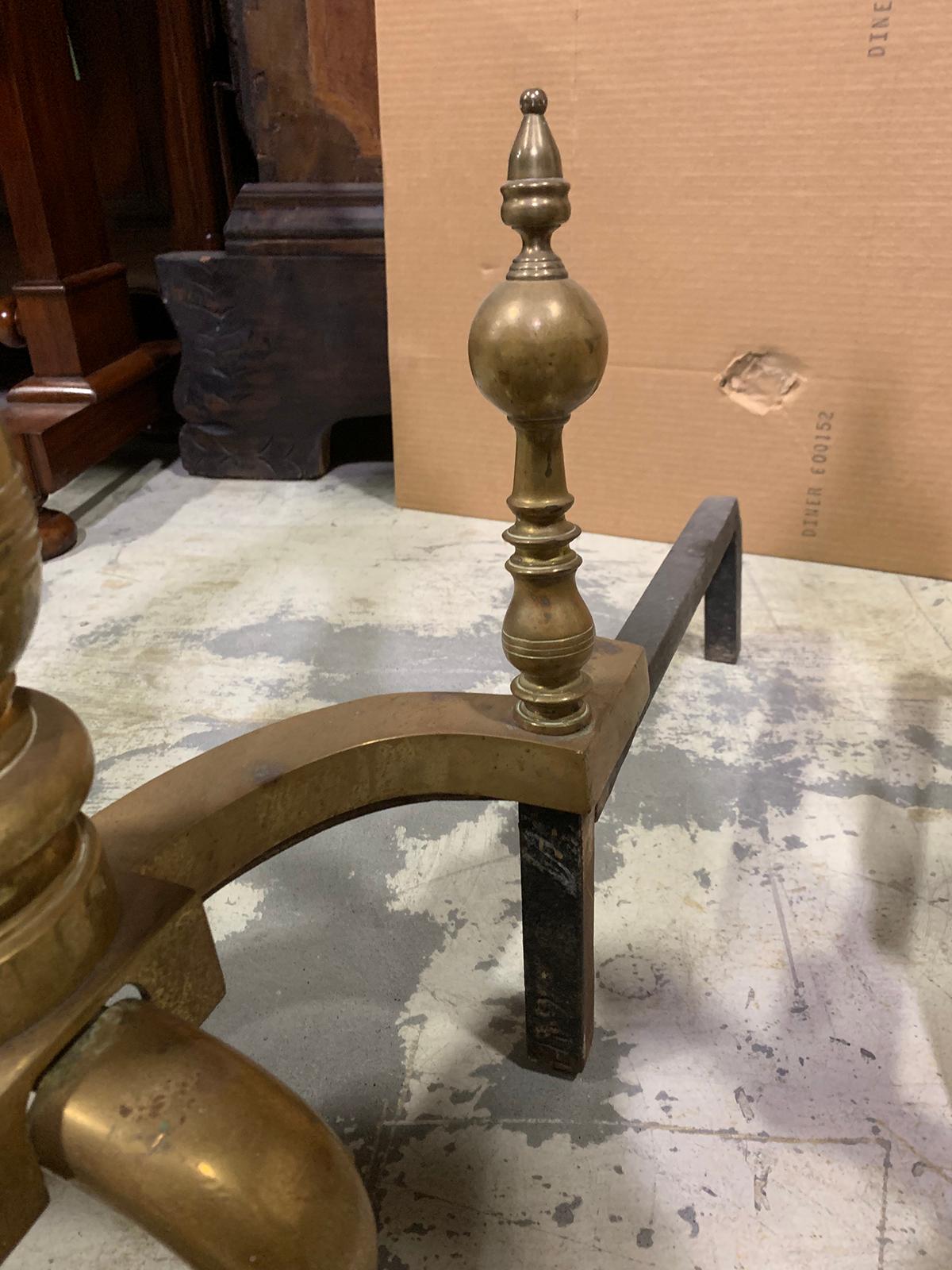 Pair of 19th-20th Century Large Scale American Brass Andirons with Ball Finials In Good Condition For Sale In Atlanta, GA