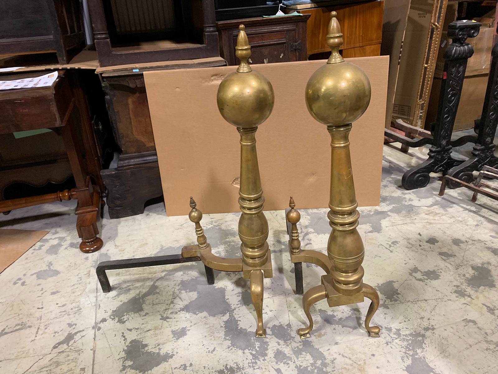 Pair of 19th-20th Century Large Scale American Brass Andirons with Ball Finials For Sale 2