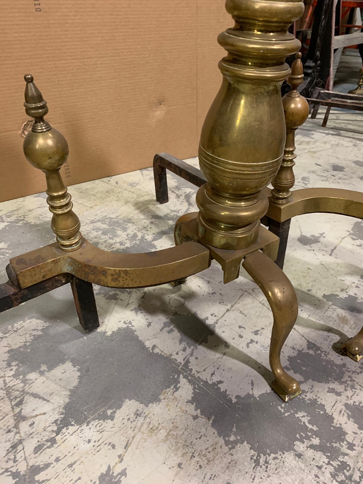 Pair of 19th-20th Century Large Scale American Brass Andirons with Ball Finials For Sale 3