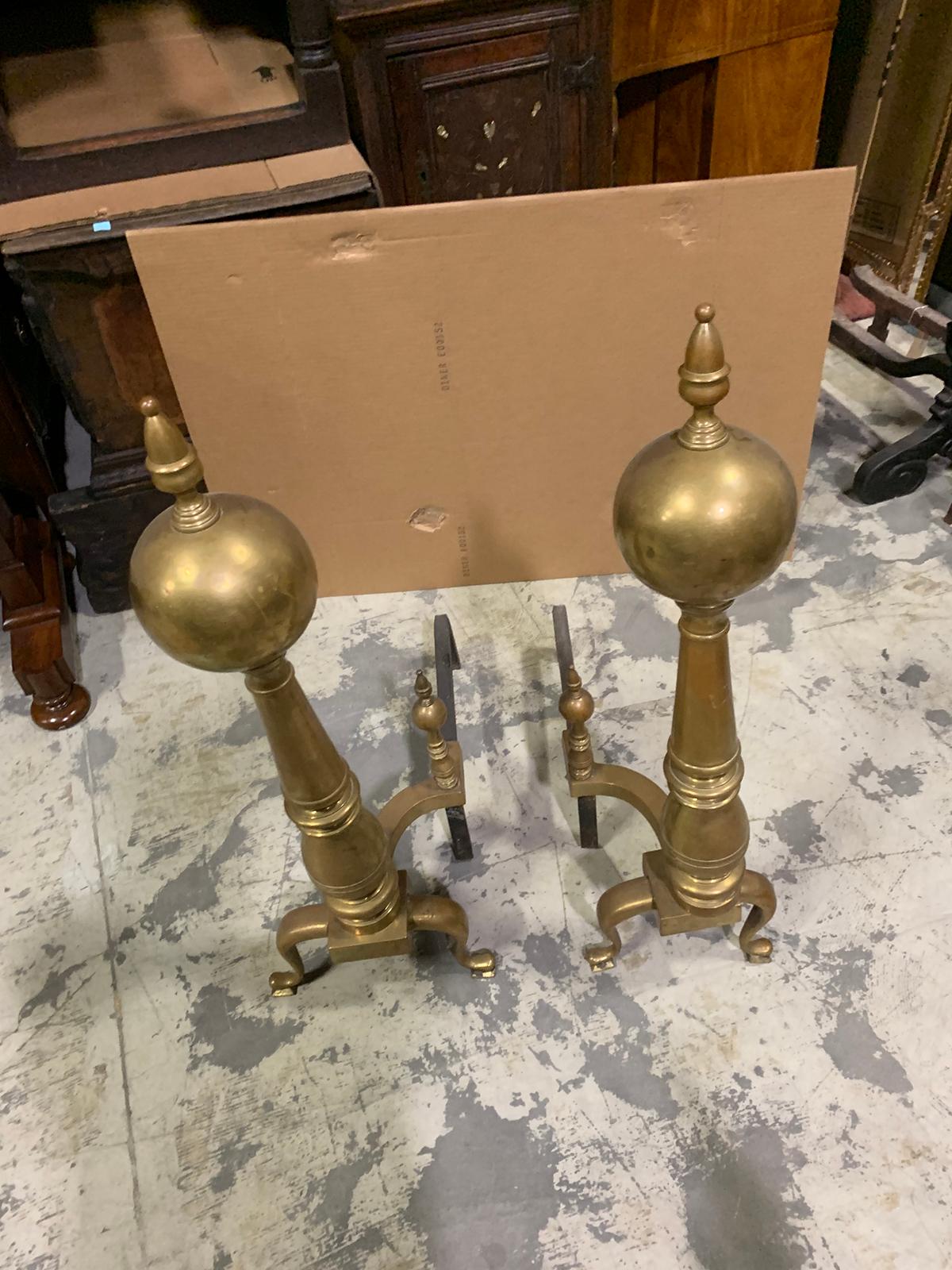 Pair of 19th-20th Century Large Scale American Brass Andirons with Ball Finials For Sale 4