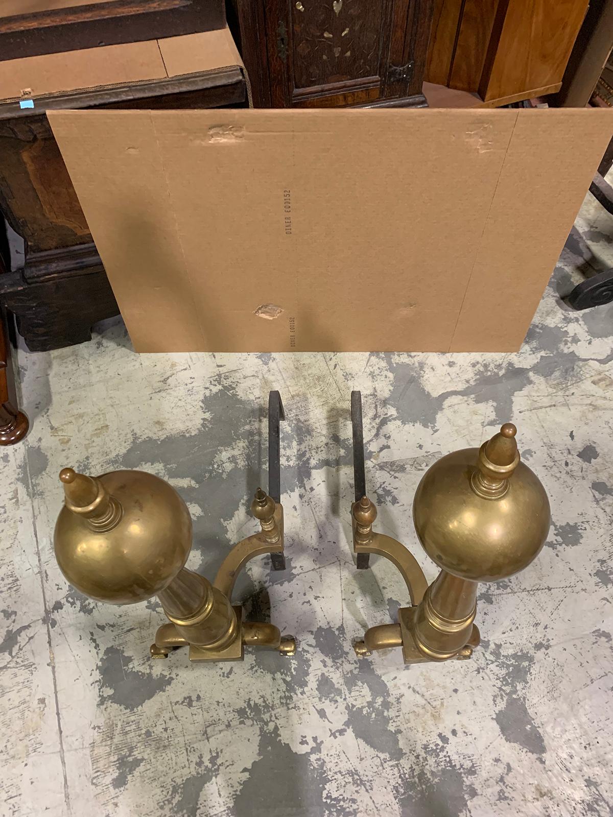 Pair of 19th-20th Century Large Scale American Brass Andirons with Ball Finials For Sale 5