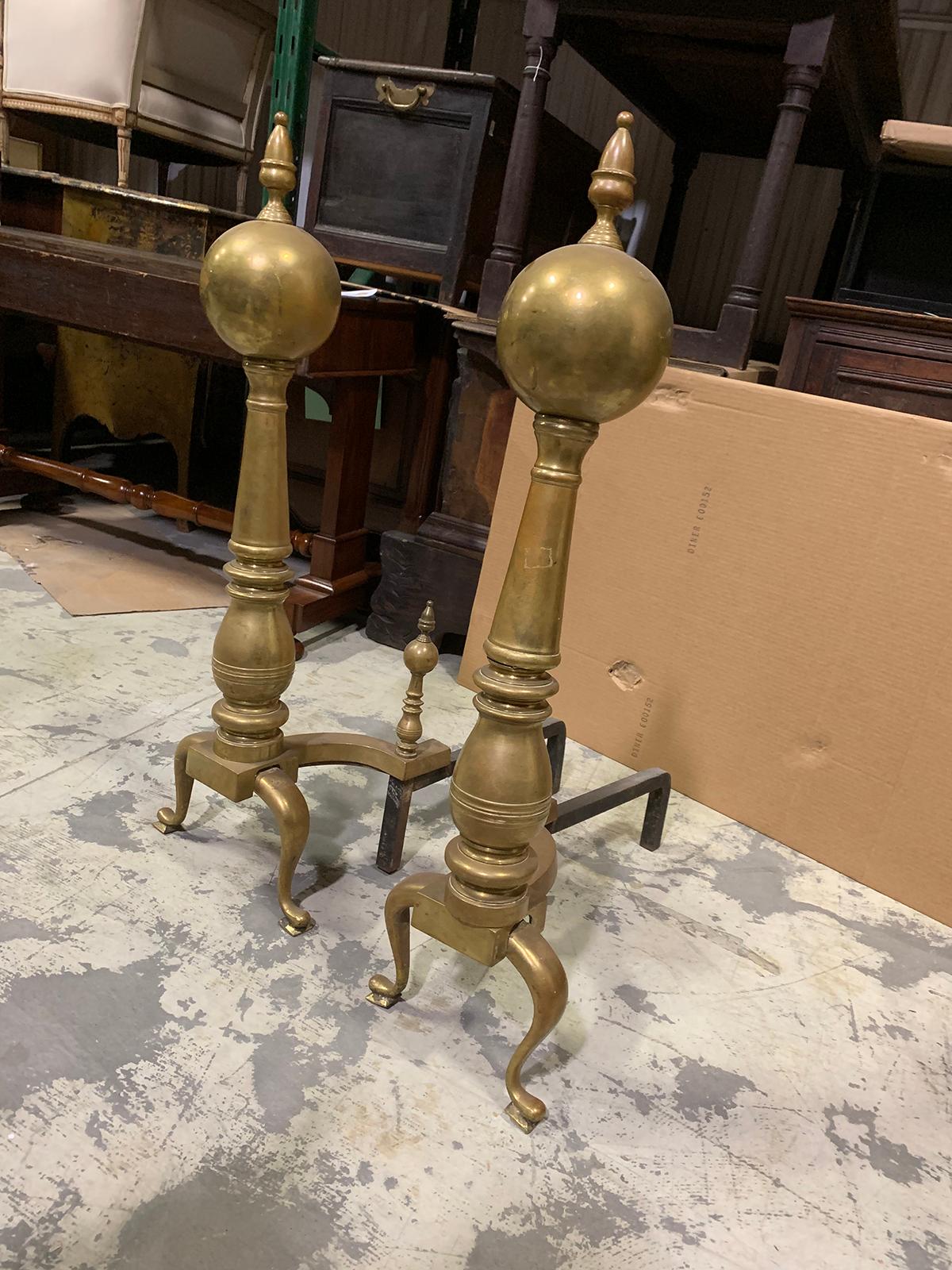 Pair of 19th-20th Century Large Scale American Brass Andirons with Ball Finials For Sale 6