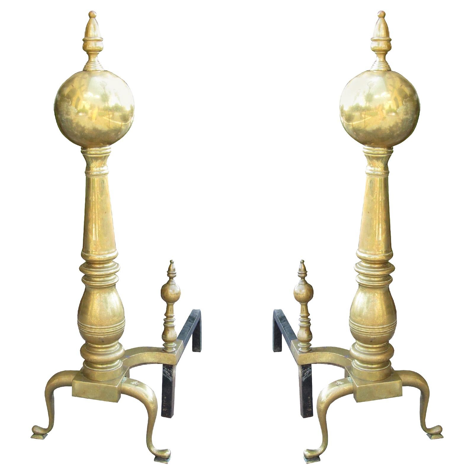 Pair of 19th-20th Century Large Scale American Brass Andirons with Ball Finials For Sale