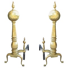 Pair of 19th-20th Century Large Scale American Brass Andirons with Ball Finials