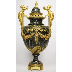 Pair of 19th-20th Century Louis XVI Style Ormolu and Marble Urns with Children