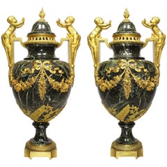 Pair of 19th-20th Century Louis XVI Style Ormolu and Marble Urns with Children