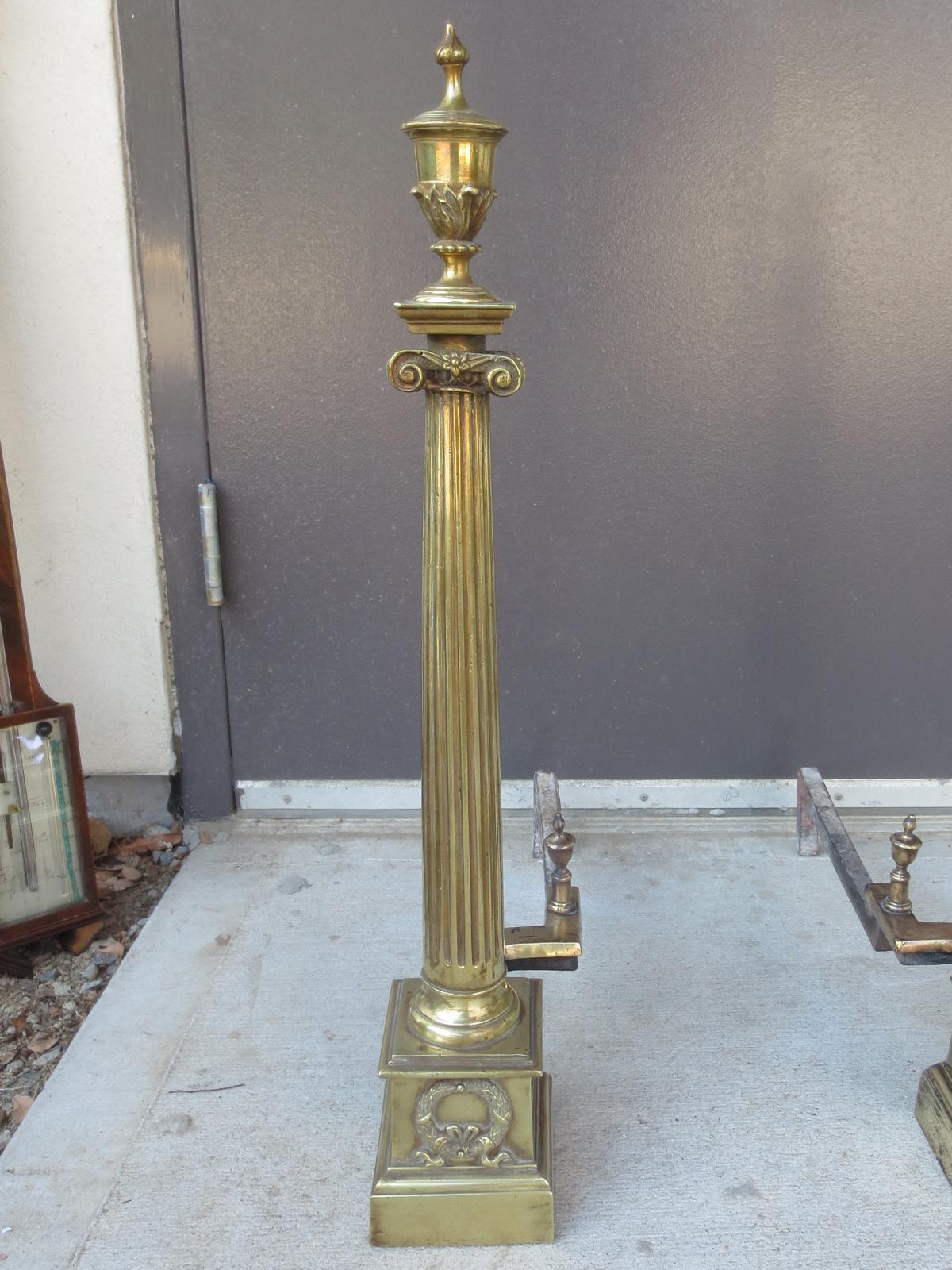 Pair of 19th-20th Century Neoclassical Brass Andirons For Sale 1