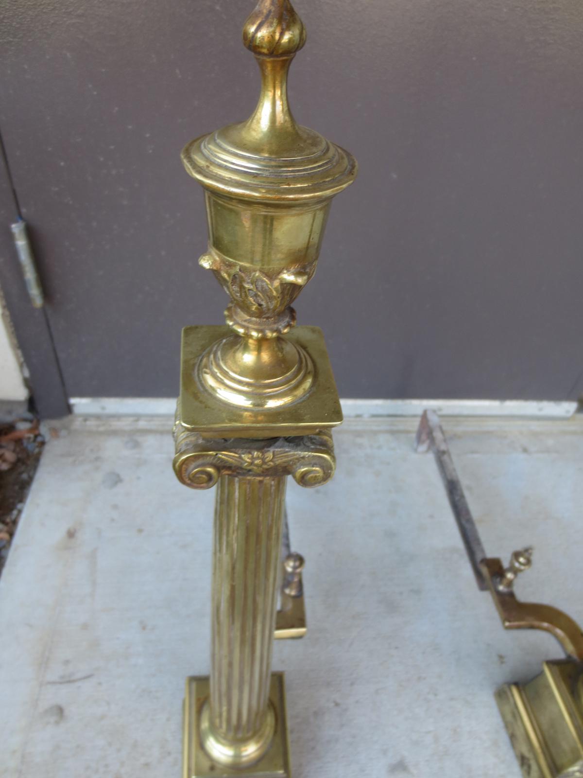Pair of 19th-20th Century Neoclassical Brass Andirons For Sale 2