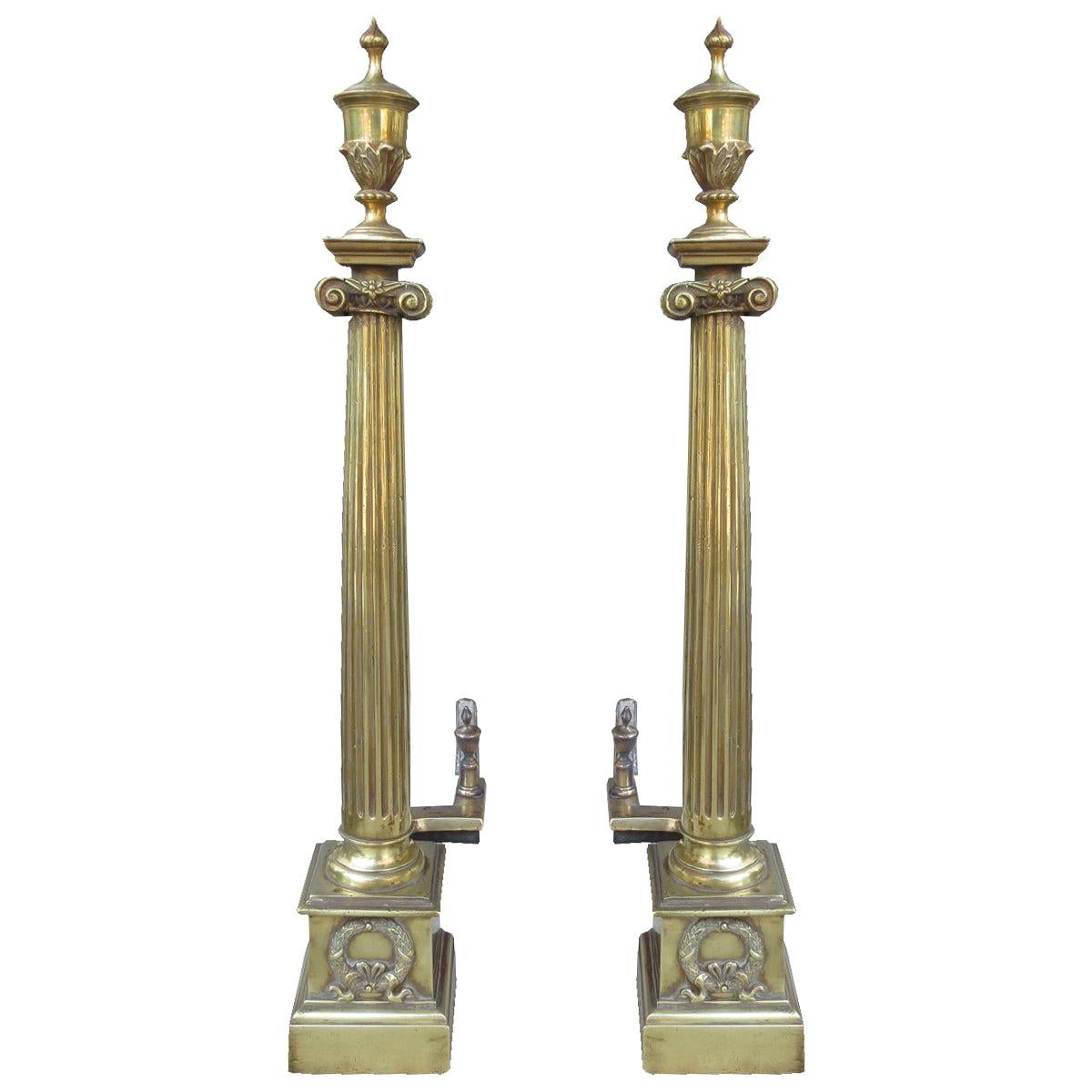 Pair of 19th-20th Century Neoclassical Brass Andirons For Sale