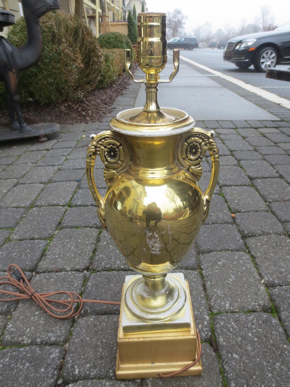 Pair of 19th-20th Century Old Paris Gilt Porcelain Urns as Lamps, Custom Bases In Good Condition In Atlanta, GA