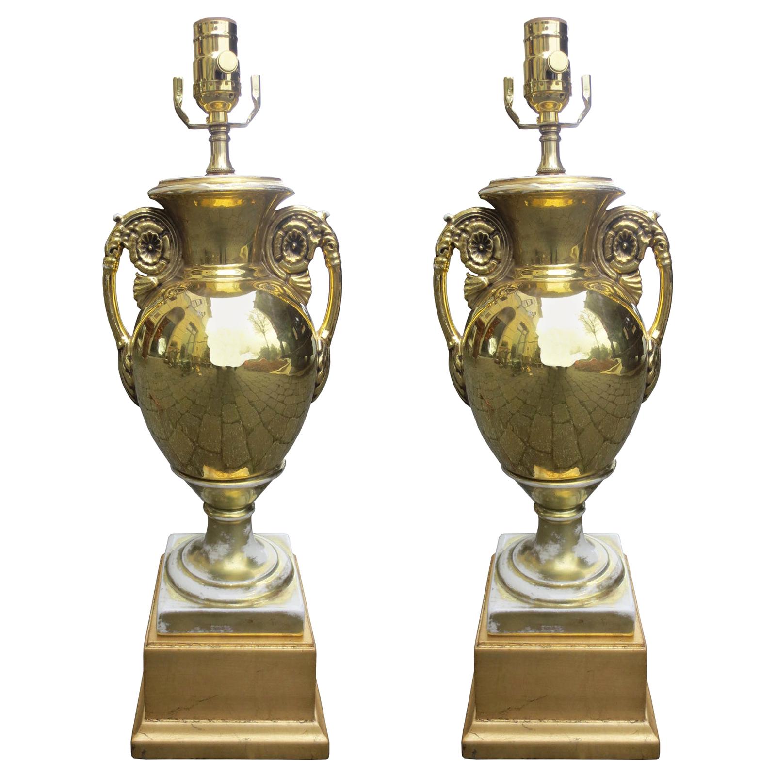 Pair of 19th-20th Century Old Paris Gilt Porcelain Urns as Lamps, Custom Bases