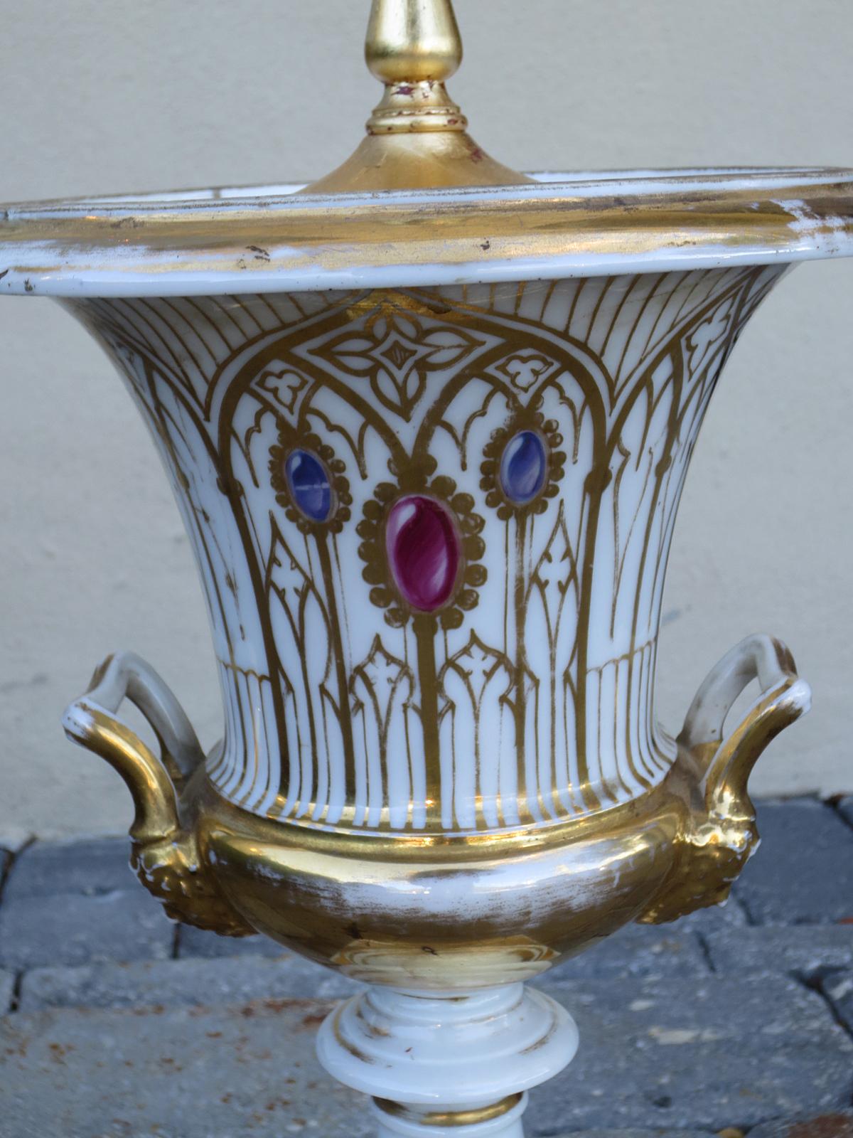 French Pair of 19th-20th Century Old Paris Porcelain Urns as Lamps, Custom Gilt Bases