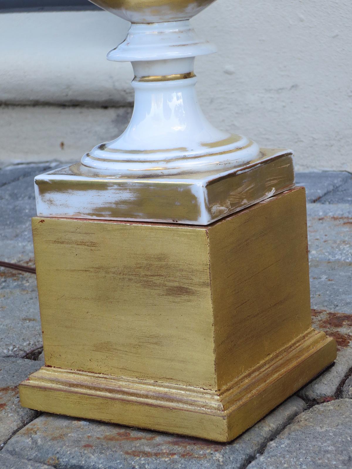 Pair of 19th-20th Century Old Paris Porcelain Urns as Lamps, Custom Gilt Bases In Good Condition In Atlanta, GA