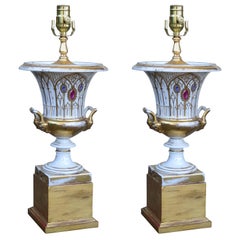 Pair of 19th-20th Century Old Paris Porcelain Urns as Lamps, Custom Gilt Bases