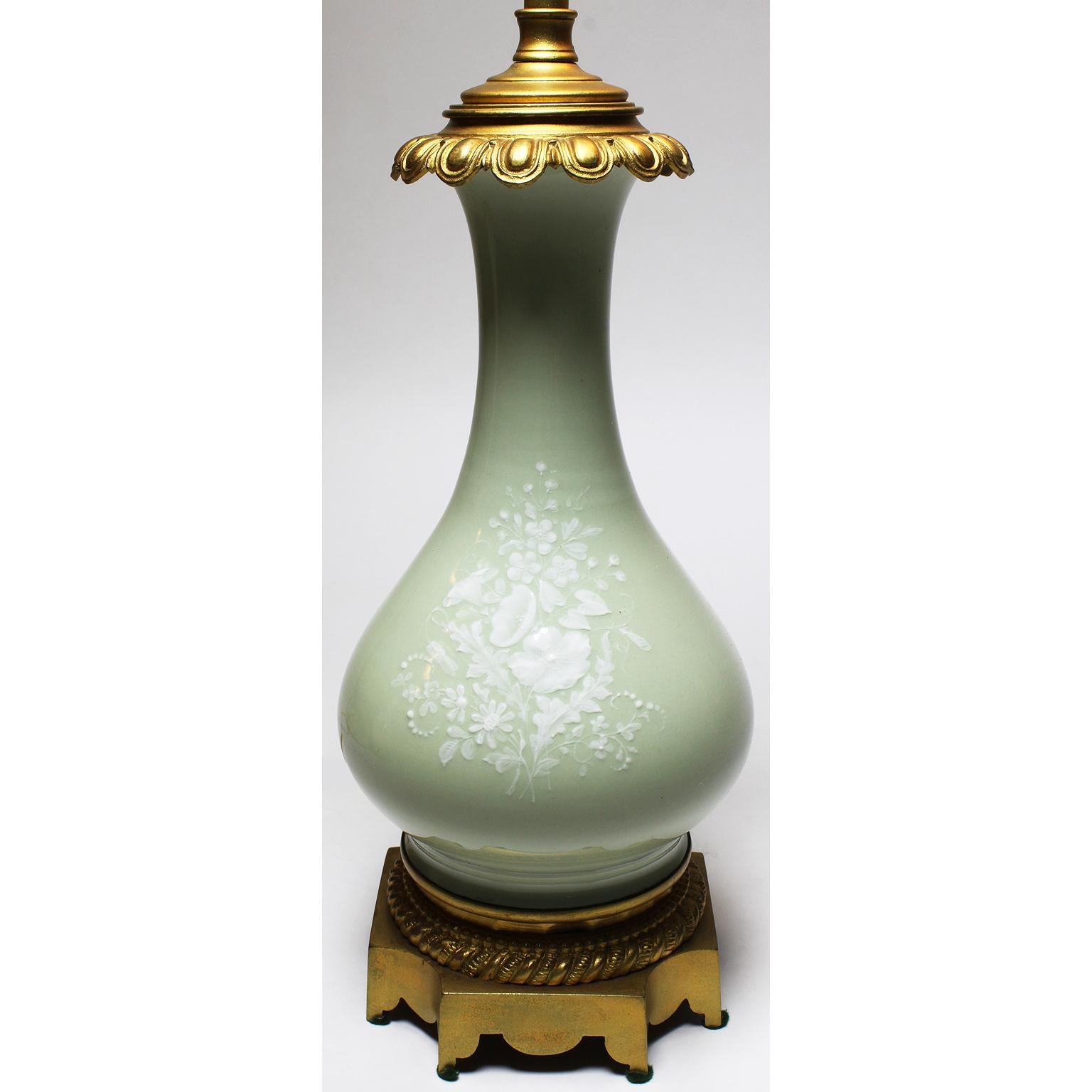 French Pair of 19th-20th Century Pâte-sur-Pâte Porcelain and Gilt-Bronze Table Lamp For Sale