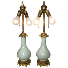 Pair of 19th-20th Century Pâte-sur-Pâte Porcelain and Gilt-Bronze Table Lamp