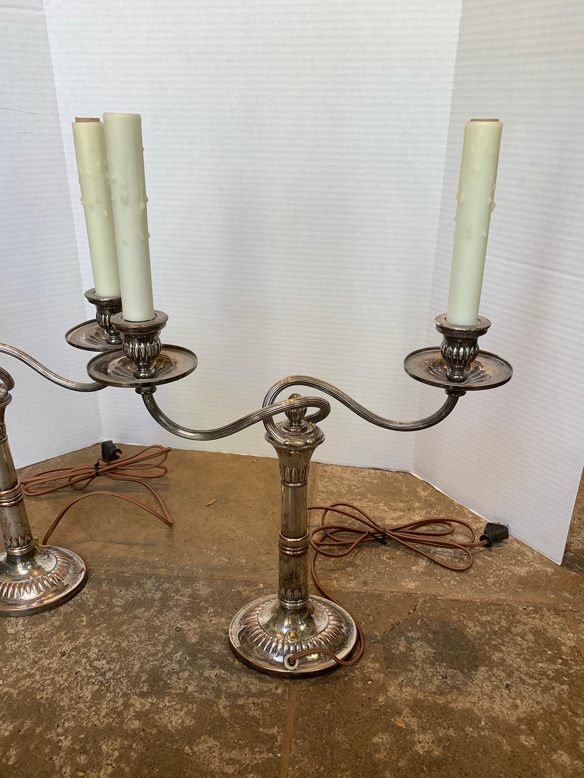 Pair of 19th-20th Century Sheffield Silver Two-Arm Candelabra Lamps For Sale 9