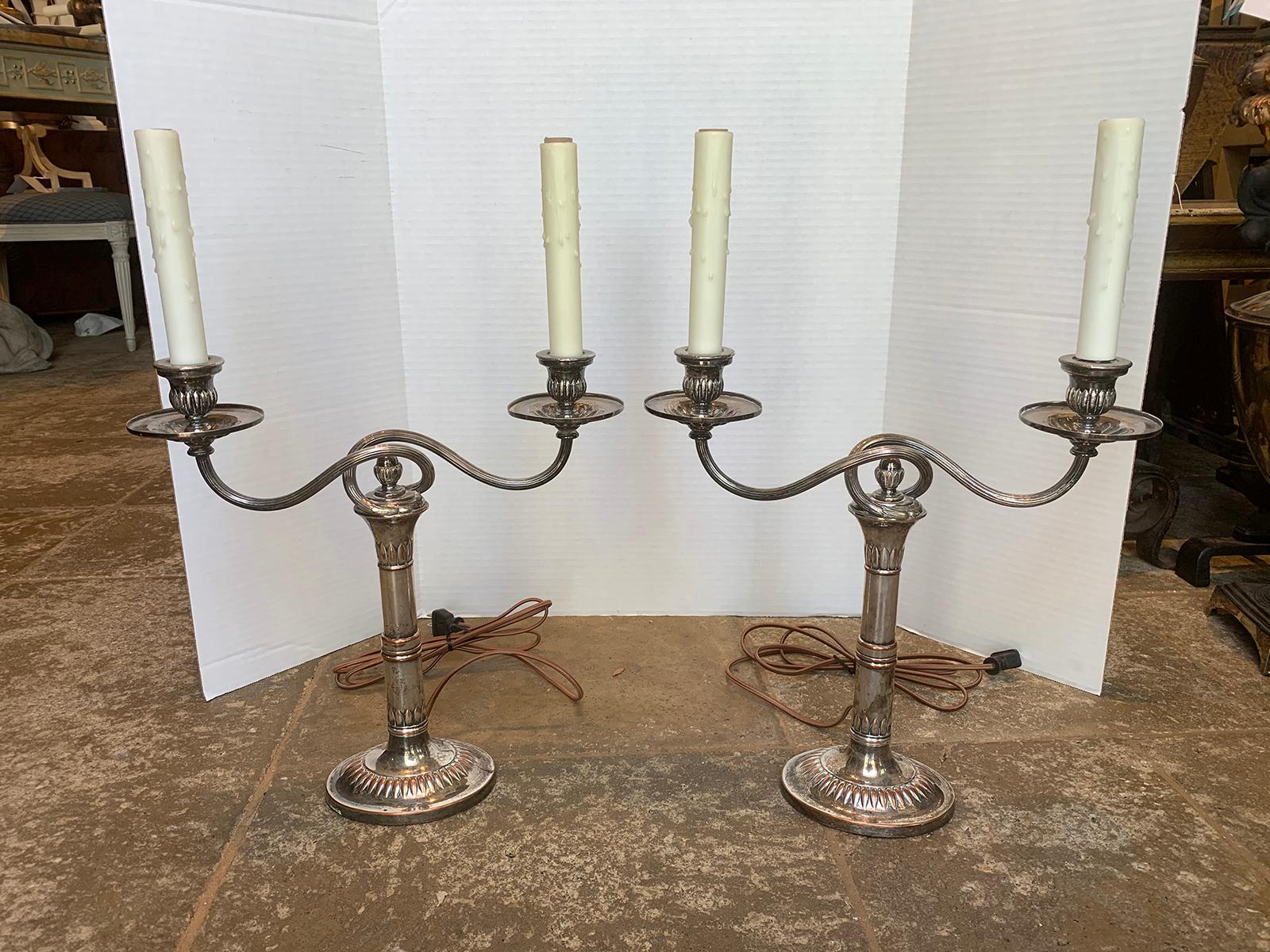 Pair of 19th-20th century sheffield silver two-arm candelabra lamps
New wiring.