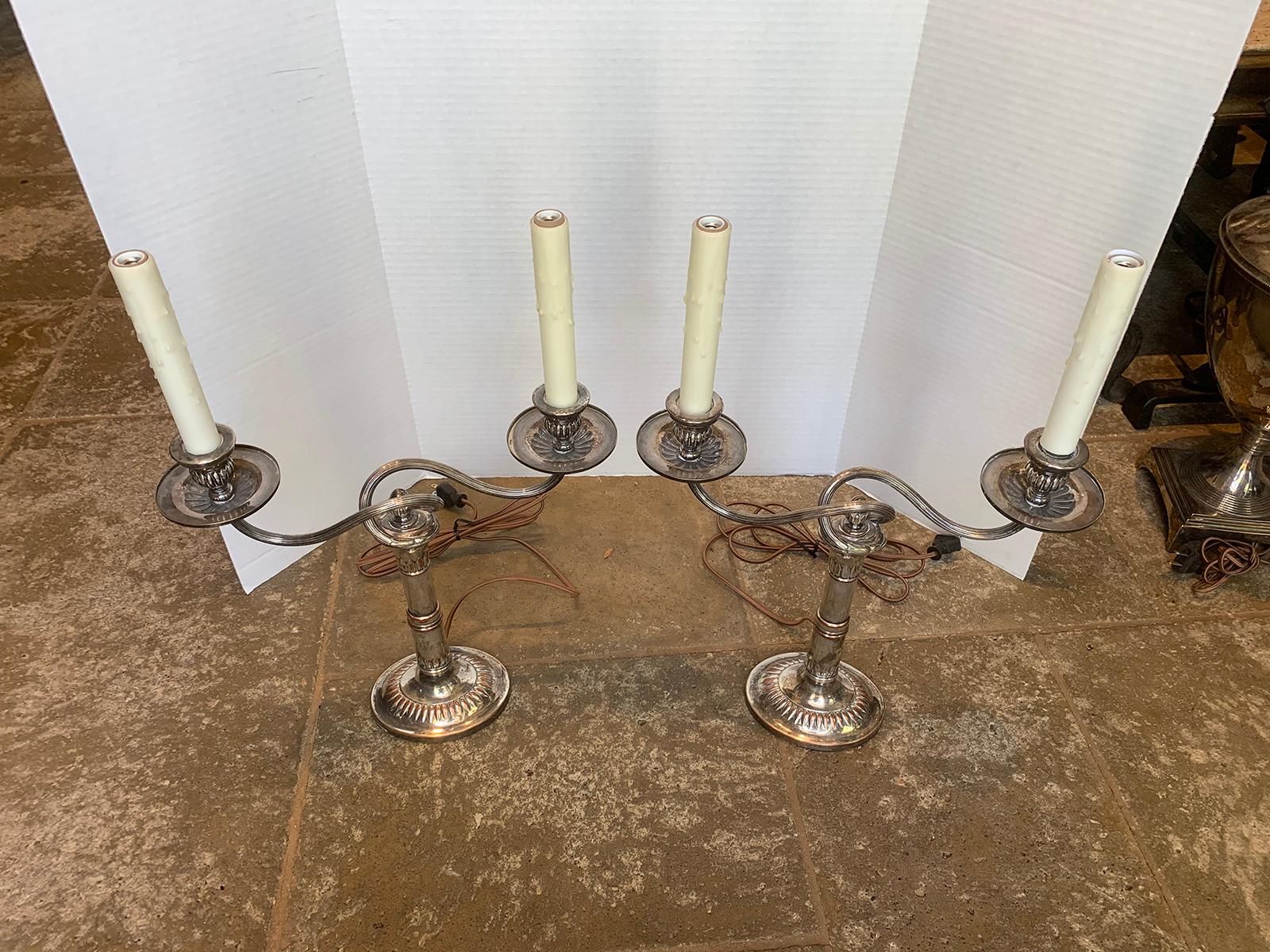English Pair of 19th-20th Century Sheffield Silver Two-Arm Candelabra Lamps For Sale