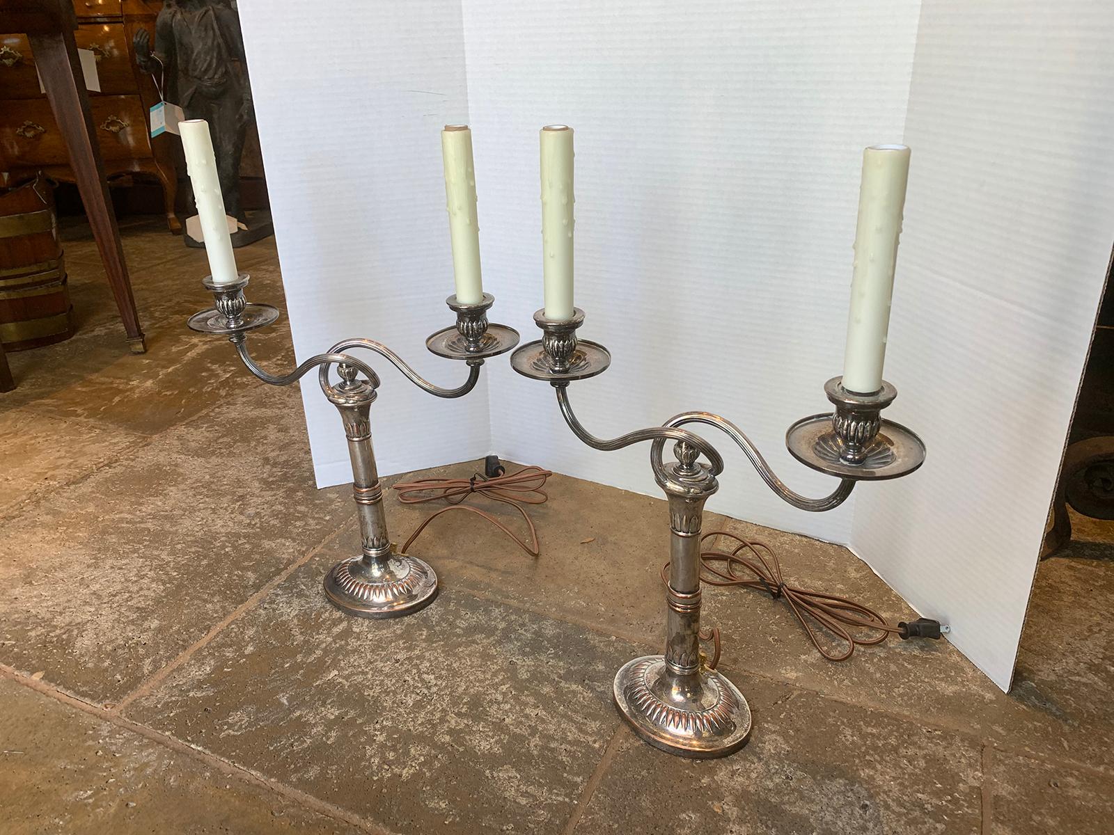 19th Century Pair of 19th-20th Century Sheffield Silver Two-Arm Candelabra Lamps For Sale