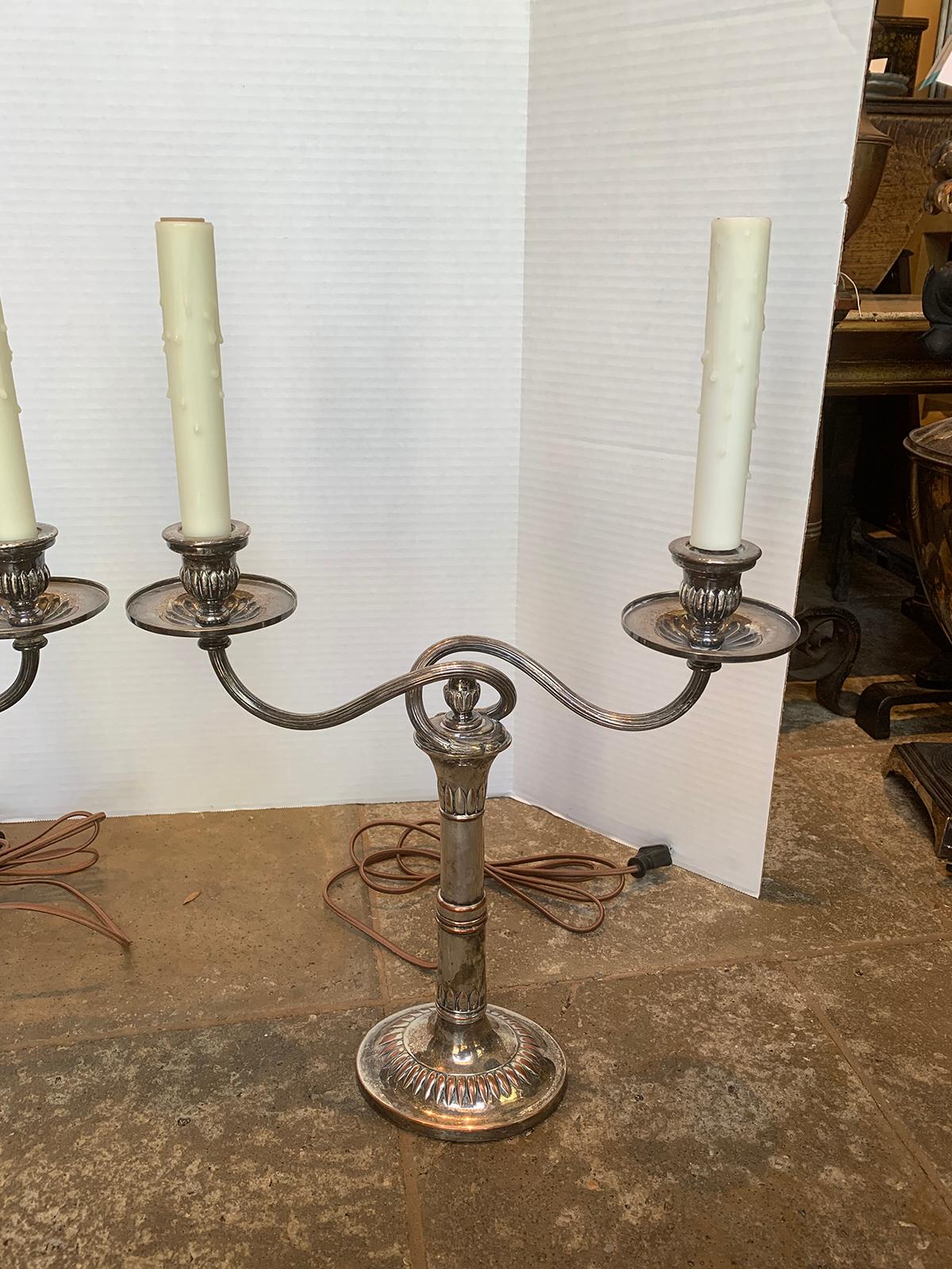 Sheffield Plate Pair of 19th-20th Century Sheffield Silver Two-Arm Candelabra Lamps For Sale