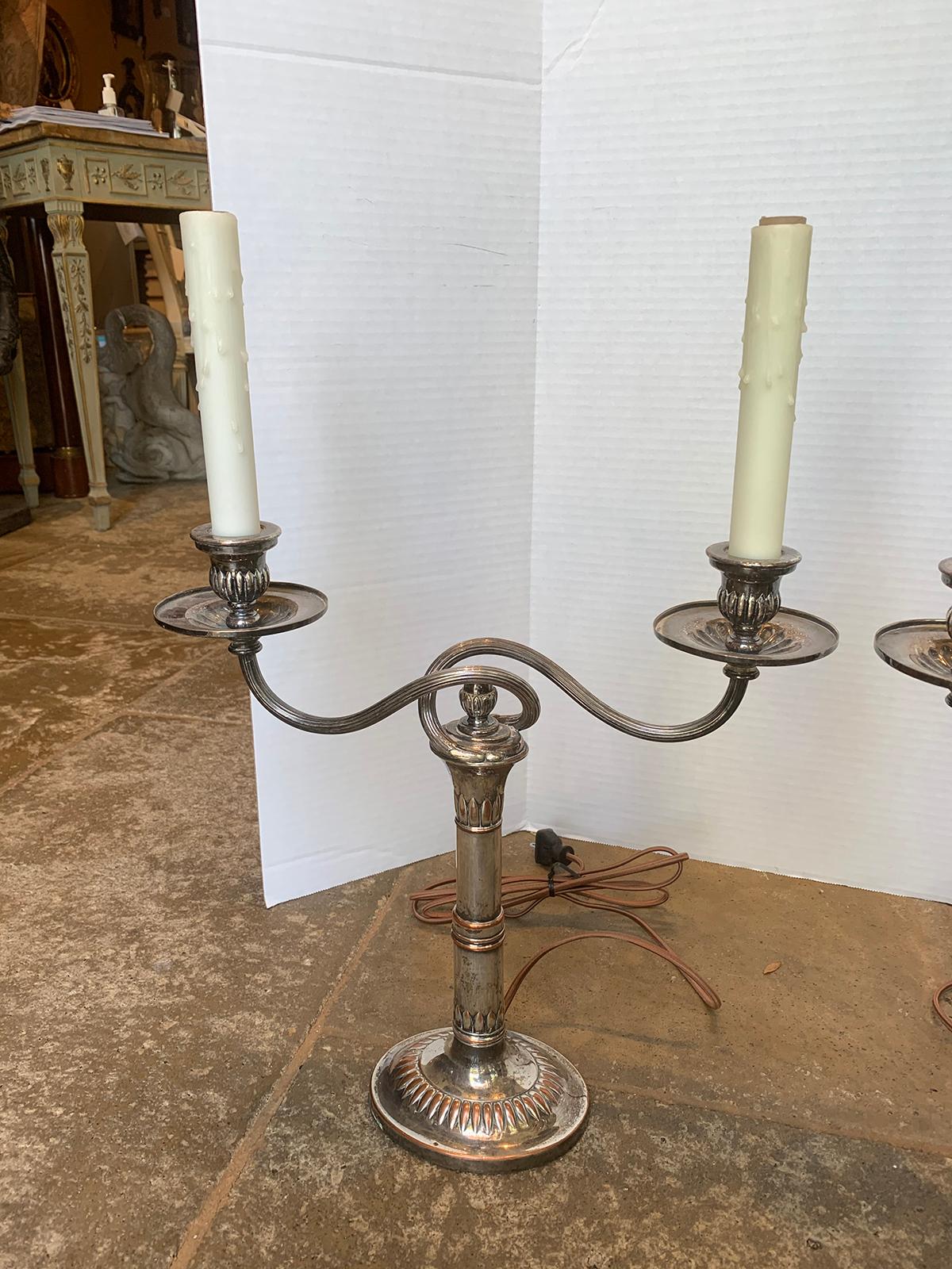 Pair of 19th-20th Century Sheffield Silver Two-Arm Candelabra Lamps For Sale 1