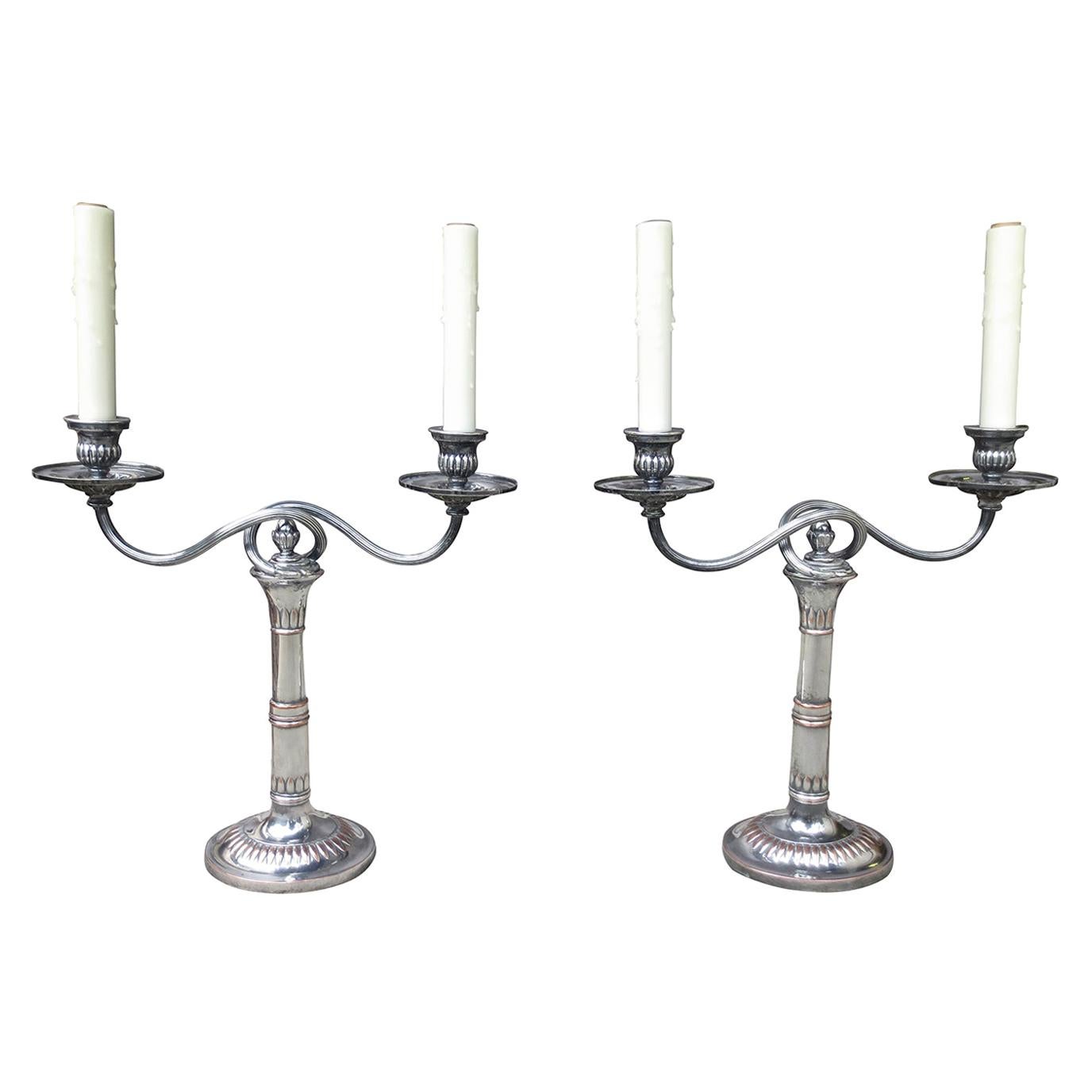 Pair of 19th-20th Century Sheffield Silver Two-Arm Candelabra Lamps For Sale