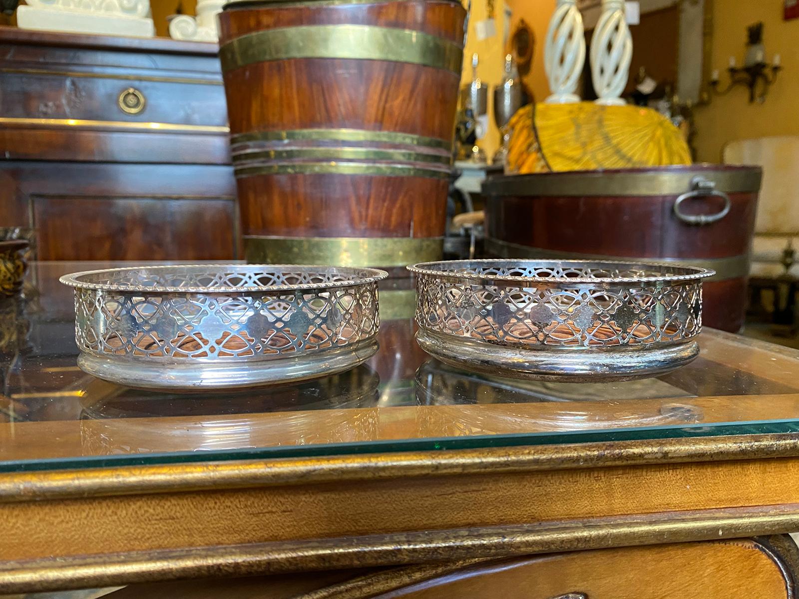 Pair of 19th-20th century silver plate & wood wine coasters, unmarked.