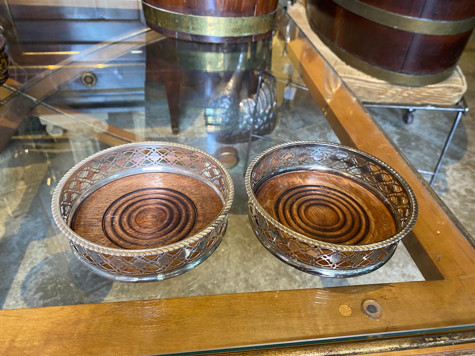 Pair of 19th-20th Century Silver Plate & Wood Wine Coasters In Good Condition In Atlanta, GA