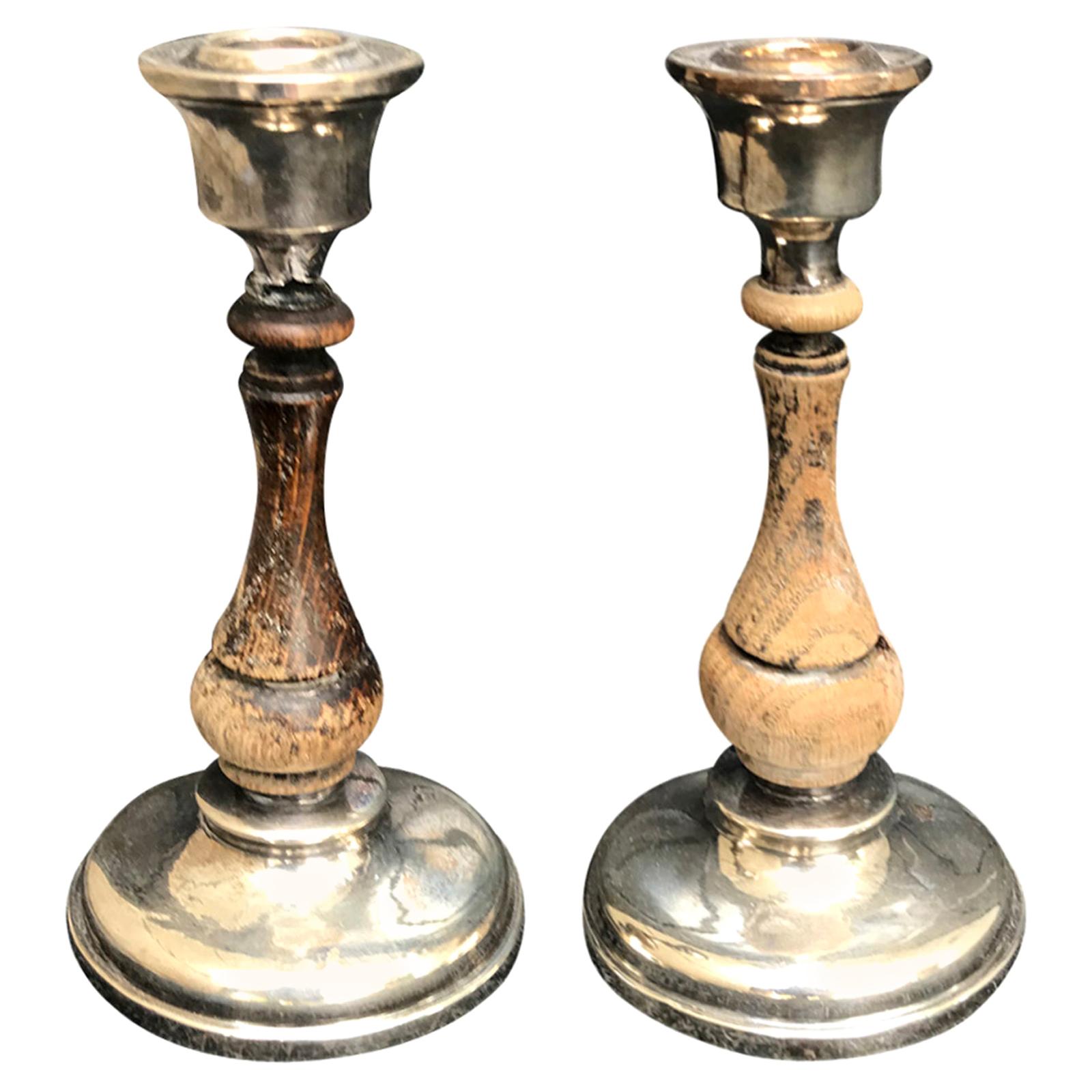 Pair of 19th-20th Century Sterling Silver and Wood Candlesticks, Hallmarked