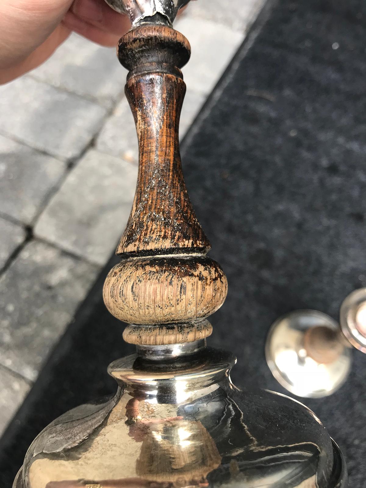 Pair of 19th-20th Century Sterling Silver and Wood Candlesticks, Hallmarked 8