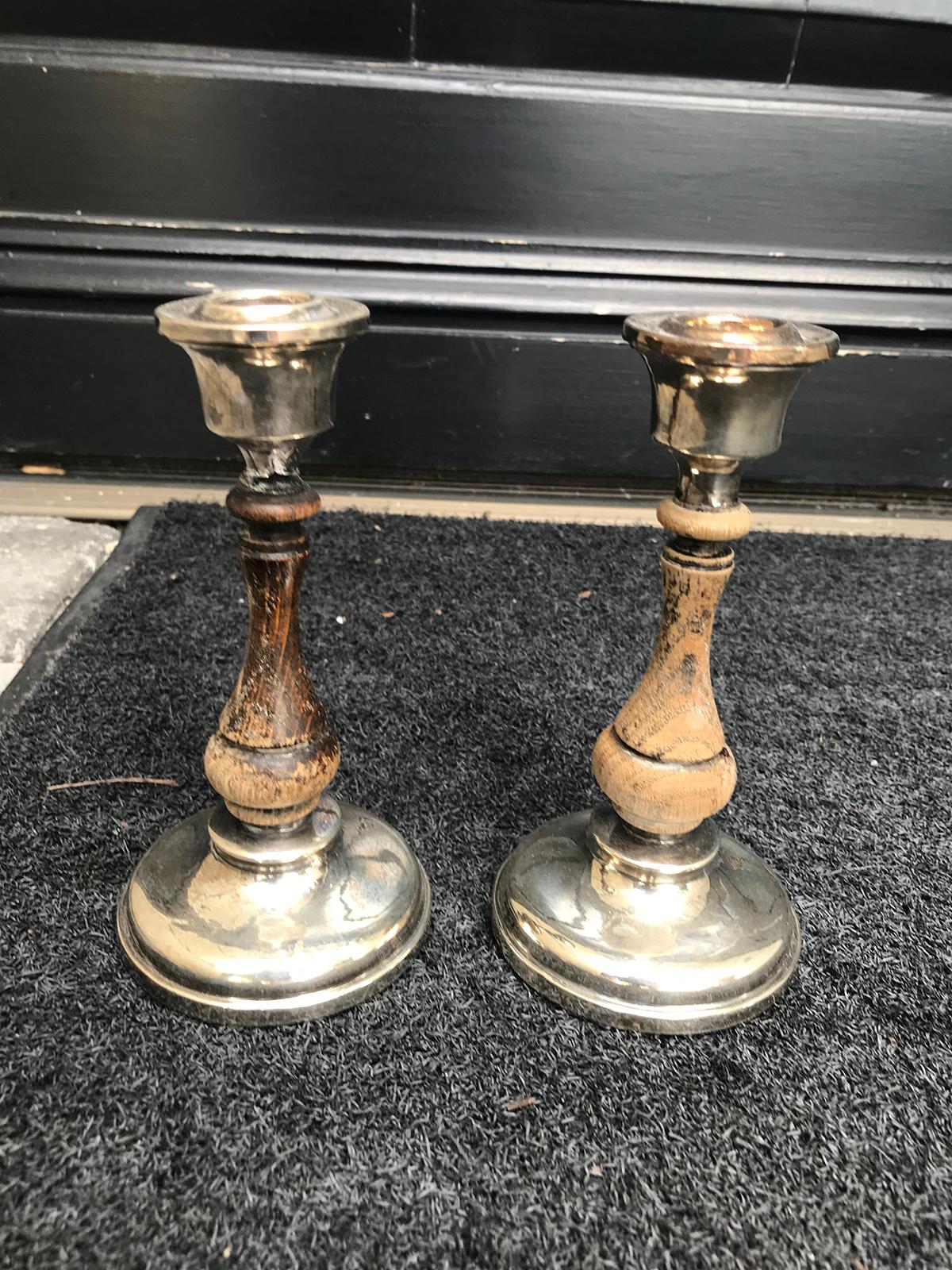 19th Century Pair of 19th-20th Century Sterling Silver and Wood Candlesticks, Hallmarked
