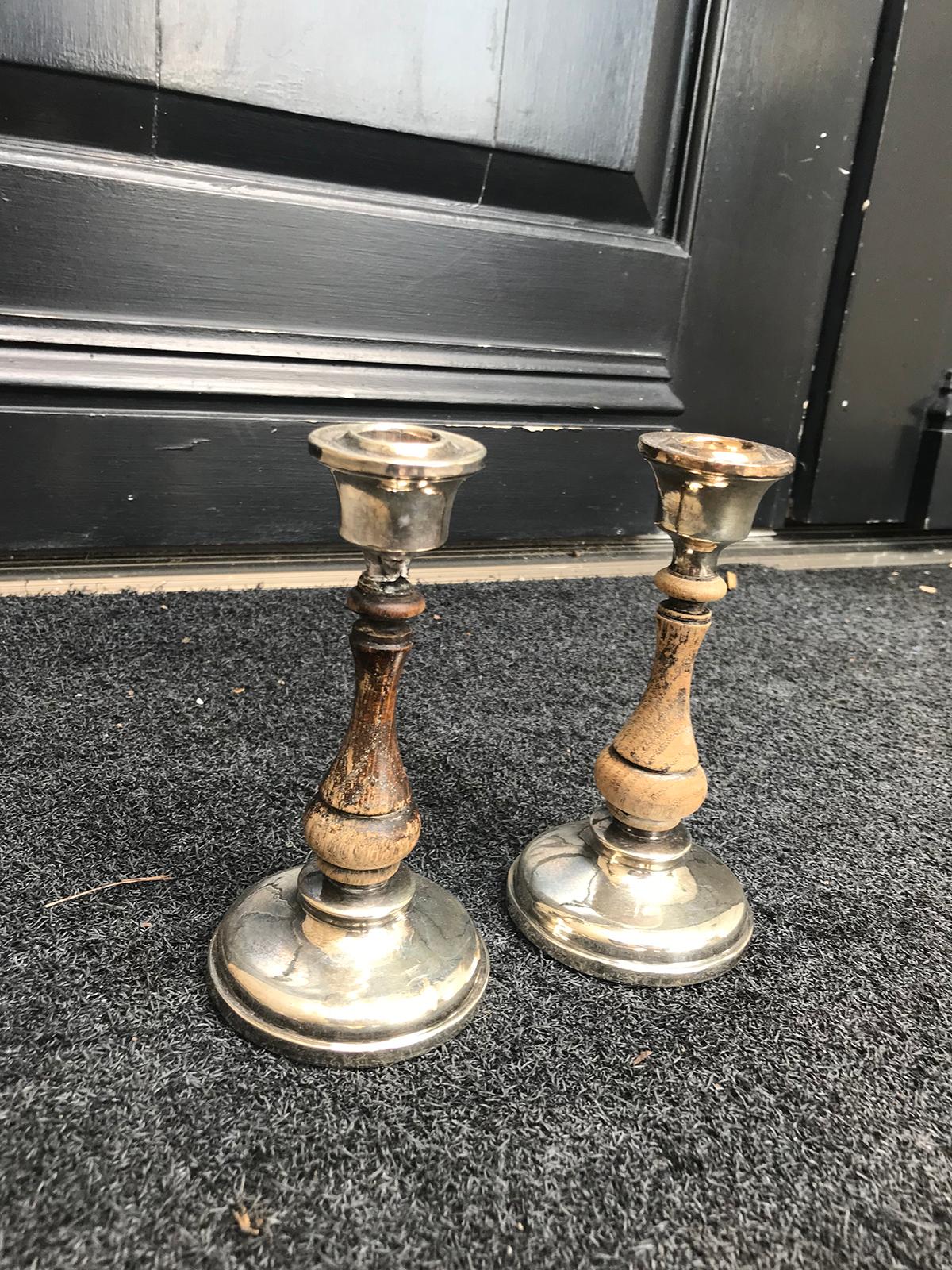 Pair of 19th-20th Century Sterling Silver and Wood Candlesticks, Hallmarked 1
