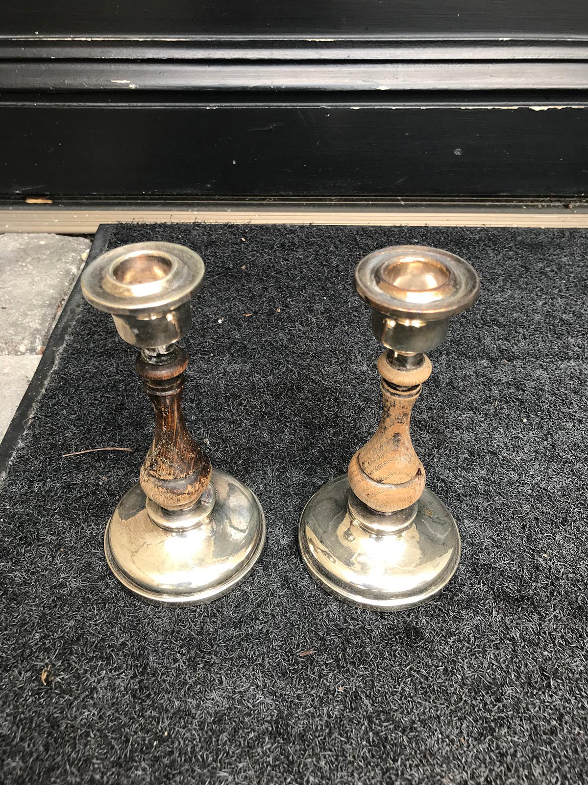 Pair of 19th-20th Century Sterling Silver and Wood Candlesticks, Hallmarked 3