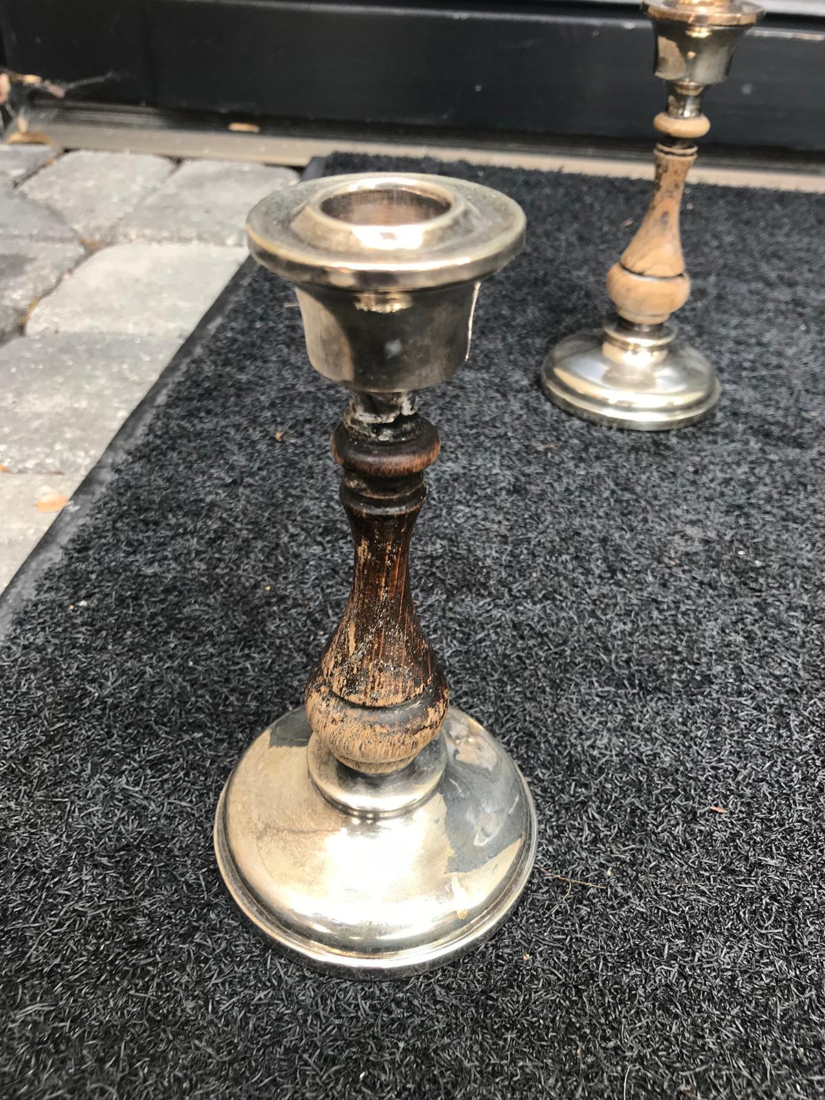 Pair of 19th-20th Century Sterling Silver and Wood Candlesticks, Hallmarked 4